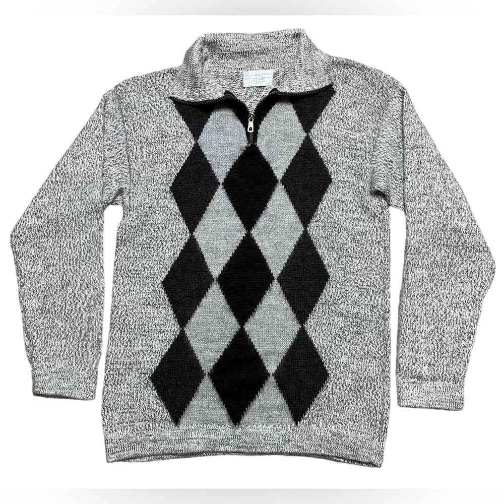 Signature Imports 100% Alpaca Partial Zip Gray Argyle Sweater Sz S